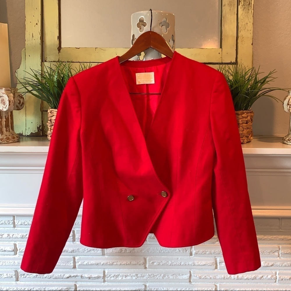 Pendleton Vintage Red 100% Wool Cropped Double Breast Blazer Gold Buttons 10